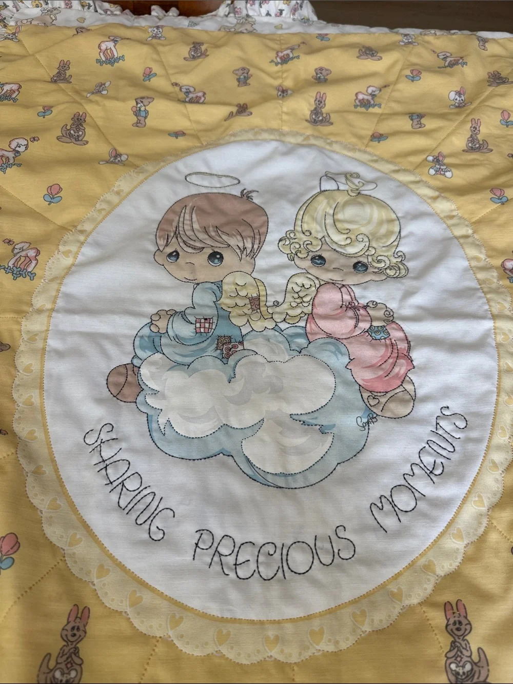 Vintage Precious Moments Quilted Baby Blanket with Ruffle Trim approx 50inX34in